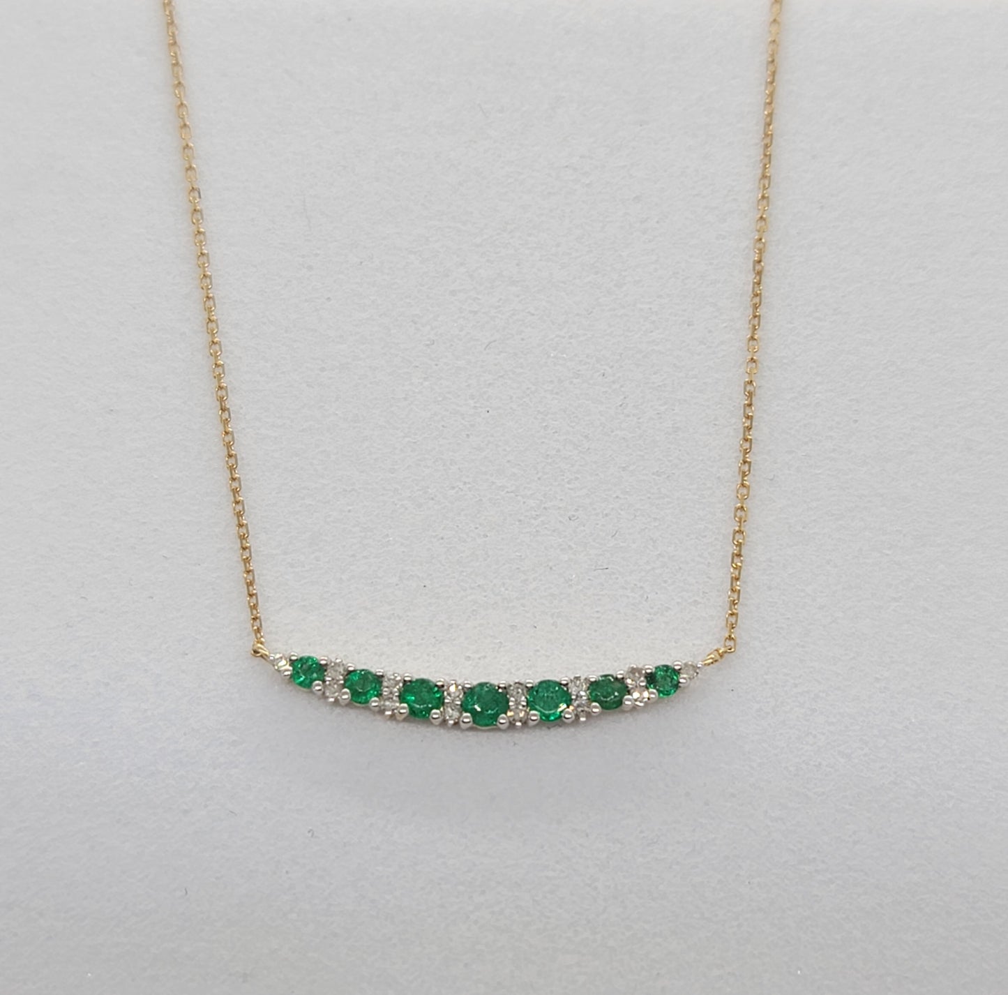 14KY Emerald and Diamond Curved Bar Necklace