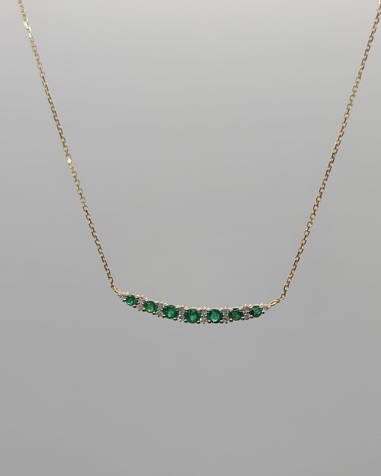 14KY Emerald and Diamond Curved Bar Necklace