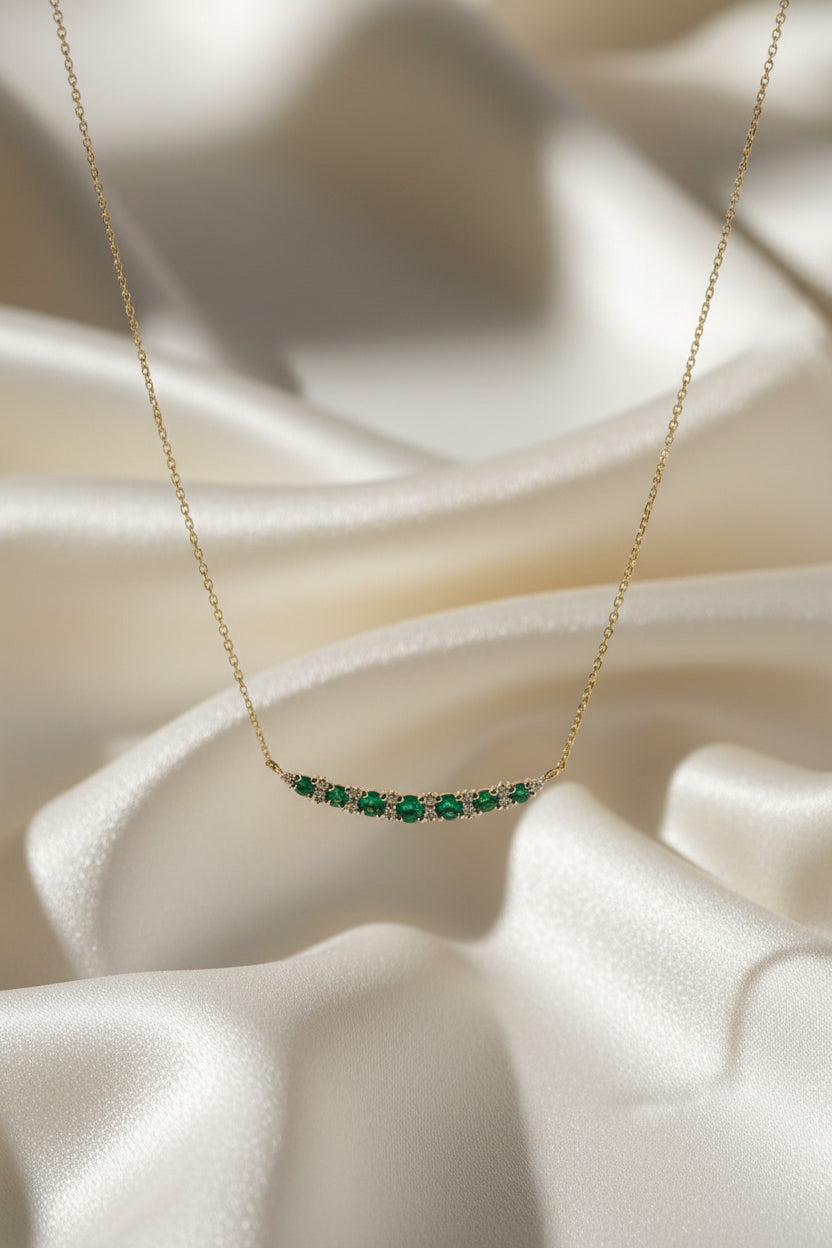 14KY Emerald and Diamond Curved Bar Necklace
