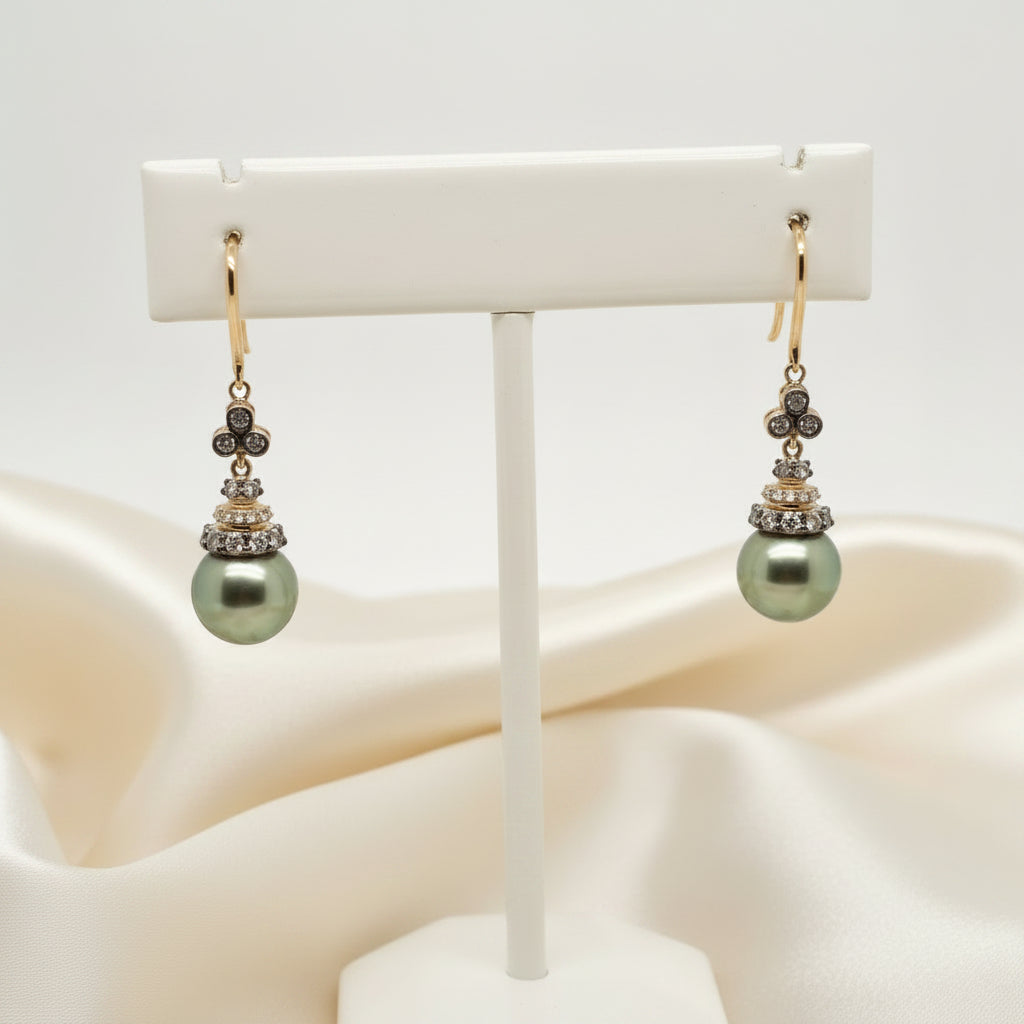 Estate Le Vian Green Pearl with Chocolate and White Diamond Drop Earrings