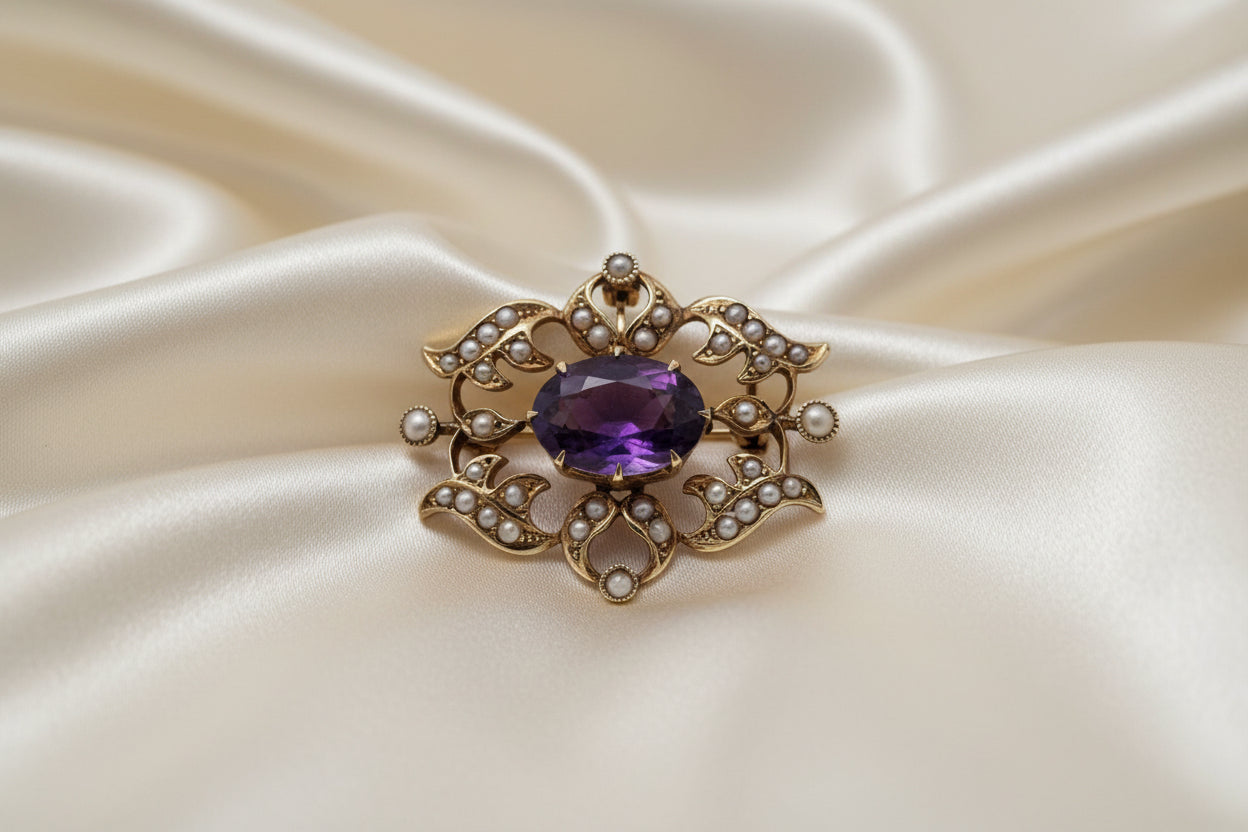Estate Amethyst and Seed Pearl Brooch/Pendant