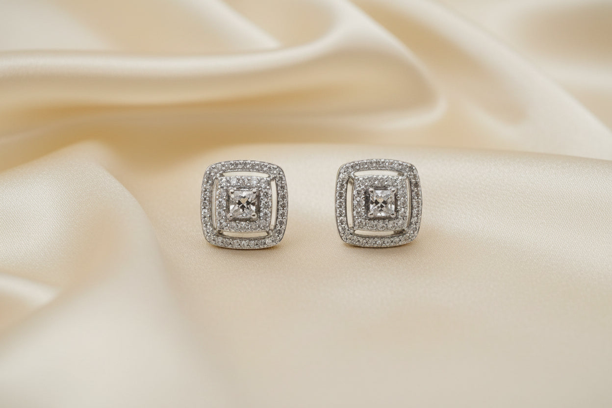 Estate Square Diamond Halo Earrings