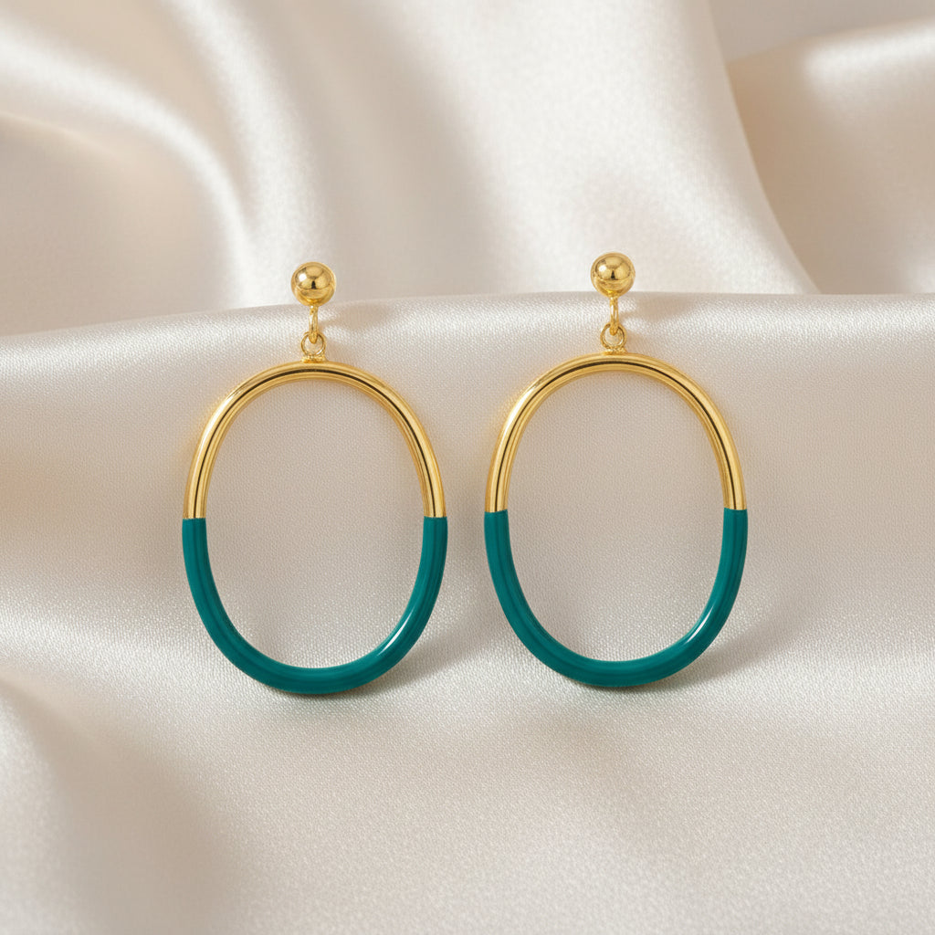 Sterling Silver, Petrolio Enamel Oval Earrings - Gold Plated