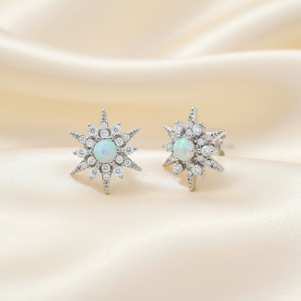 Sterling Silver White Opal Sunburst CZ Stud Earrings
