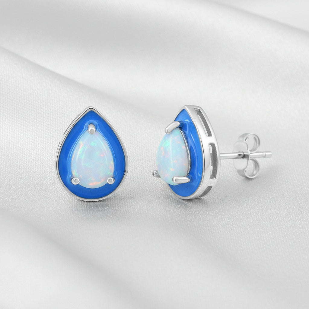 Sterling Silver White Opal & Blue Enamel Pearshaped Studs
