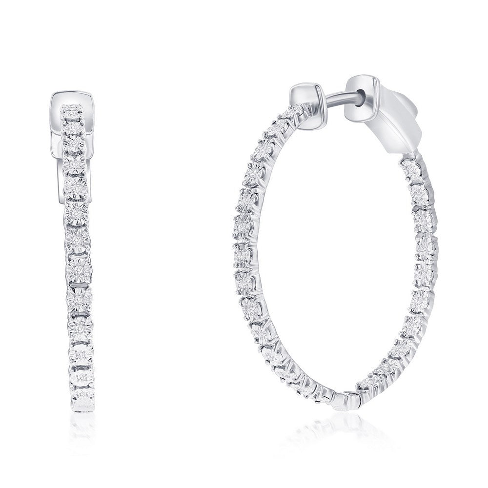 Sterling Silver, 26mm Inside-Outside Diamond Hoop Earrings