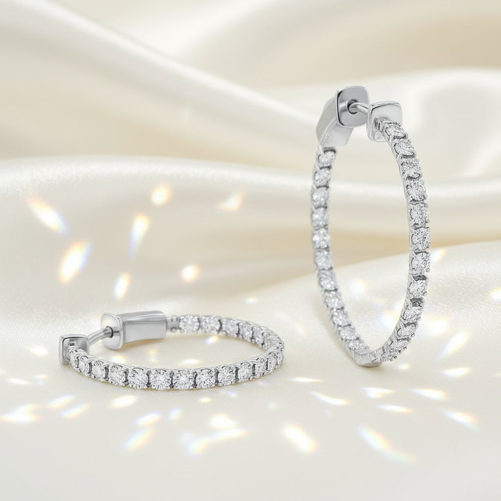 Sterling Silver, 26mm Inside-Outside Diamond Hoop Earrings