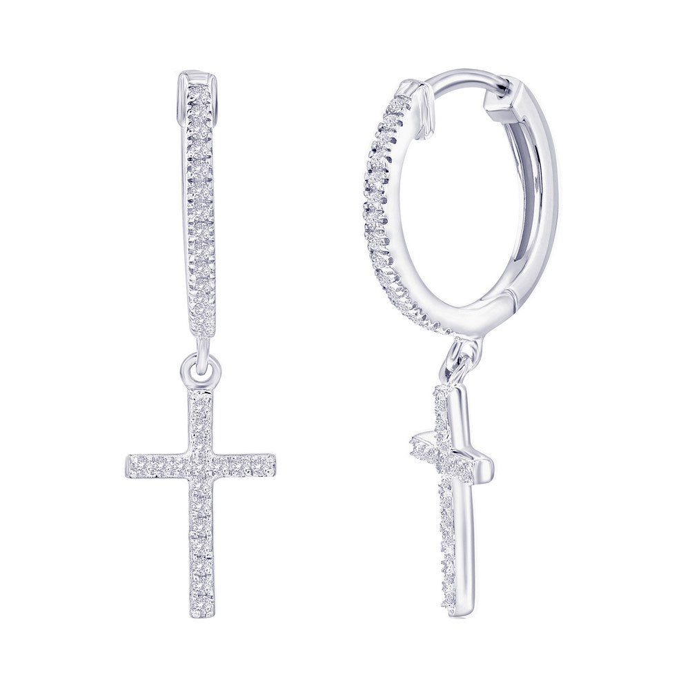 Sterling Silver, Cross Dangle Diamond Huggies