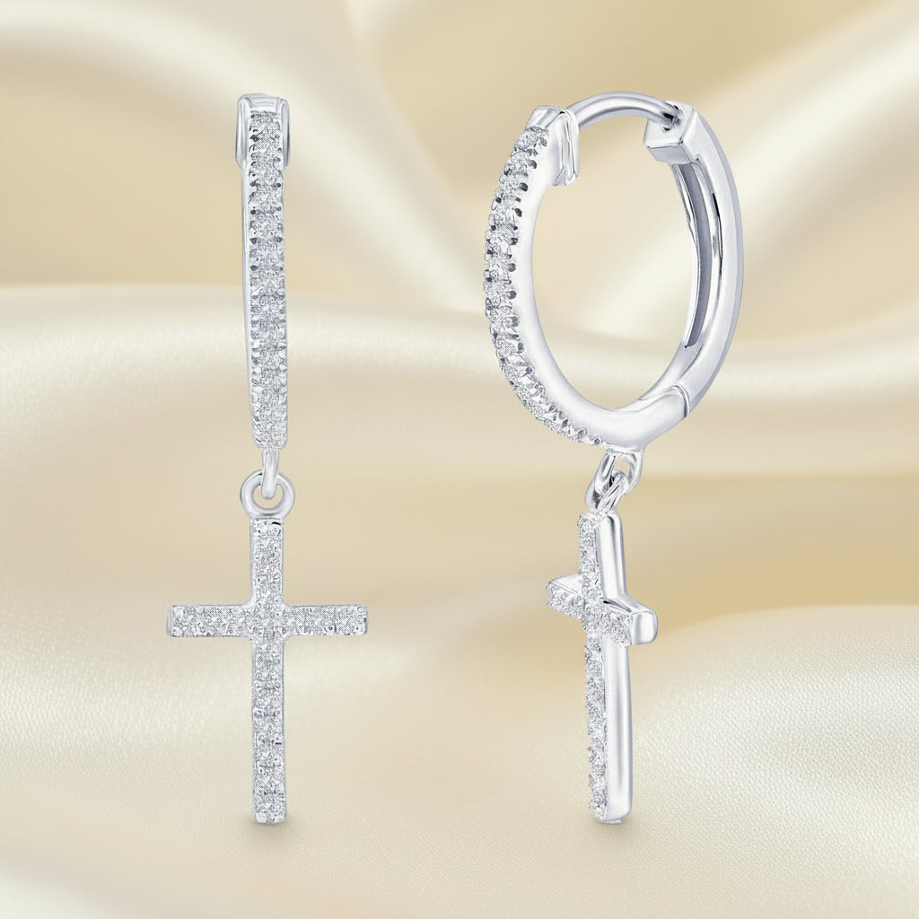 Sterling Silver, Cross Dangle Diamond Huggies