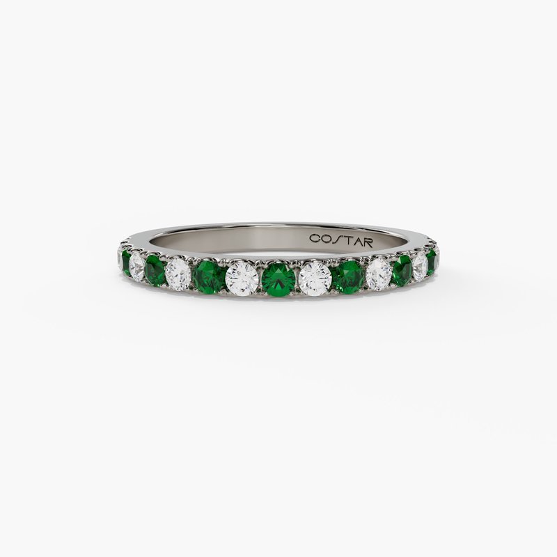 Emerald and Diamond Prong Set Stackable Band