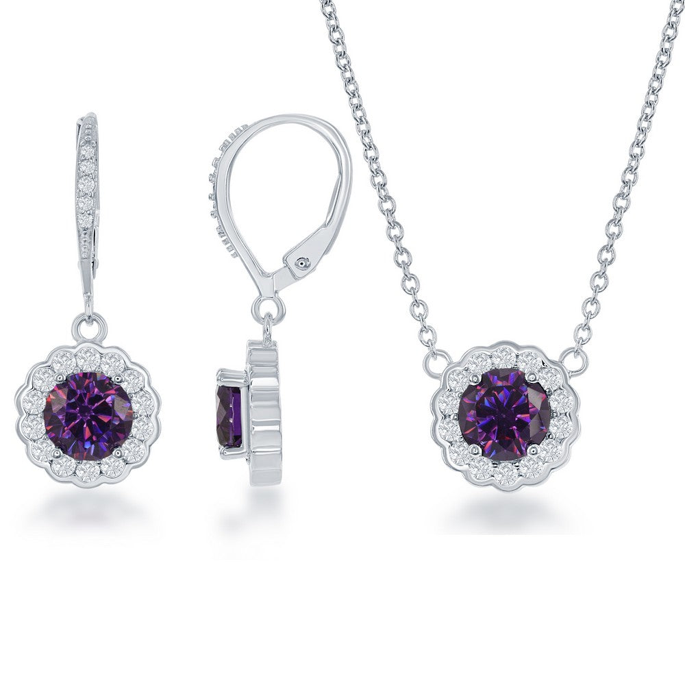 Sterling Silver February Birthstone w/ CZ Border Round Earrings and Necklace Set