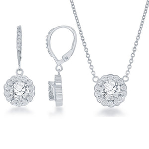 Sterling Silver April Birthstone w/ CZ Border Round Earrings and Necklace Set