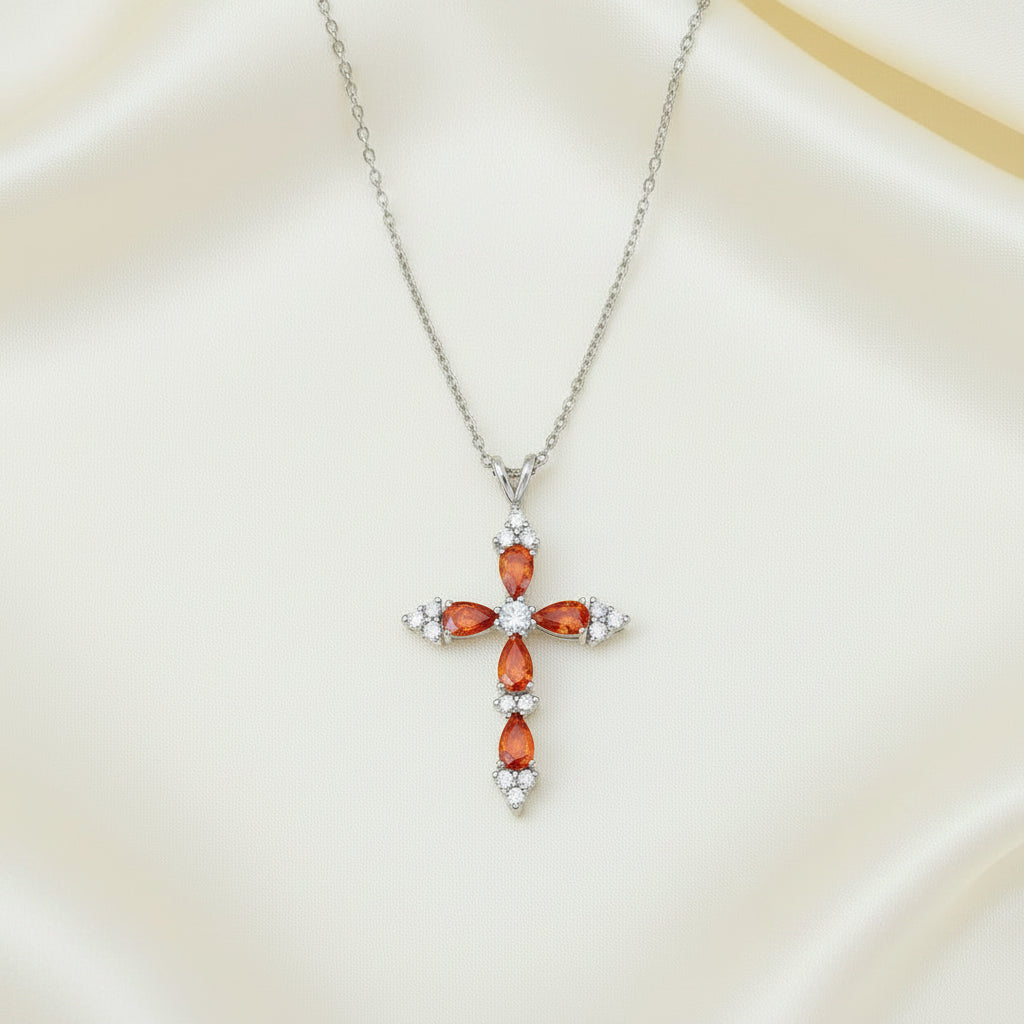 Sterling Silver Simulated Mexican Fire Opal and Simulated Diamond Cross Pendant
