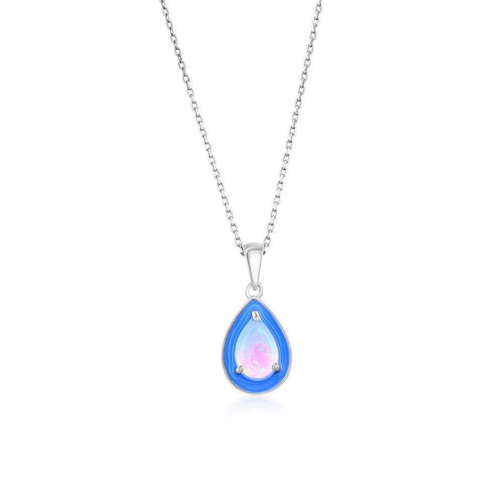 Sterling Silver White Opal & Blue Enamel Pear shaped Pendant