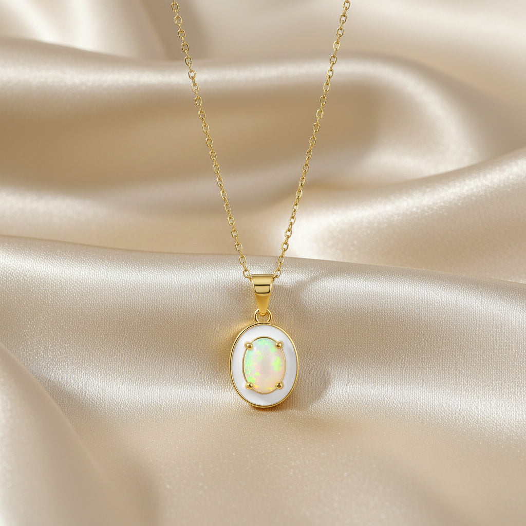 Sterling Silver White Opal & Enamel Oval Pendant - Gold Plated
