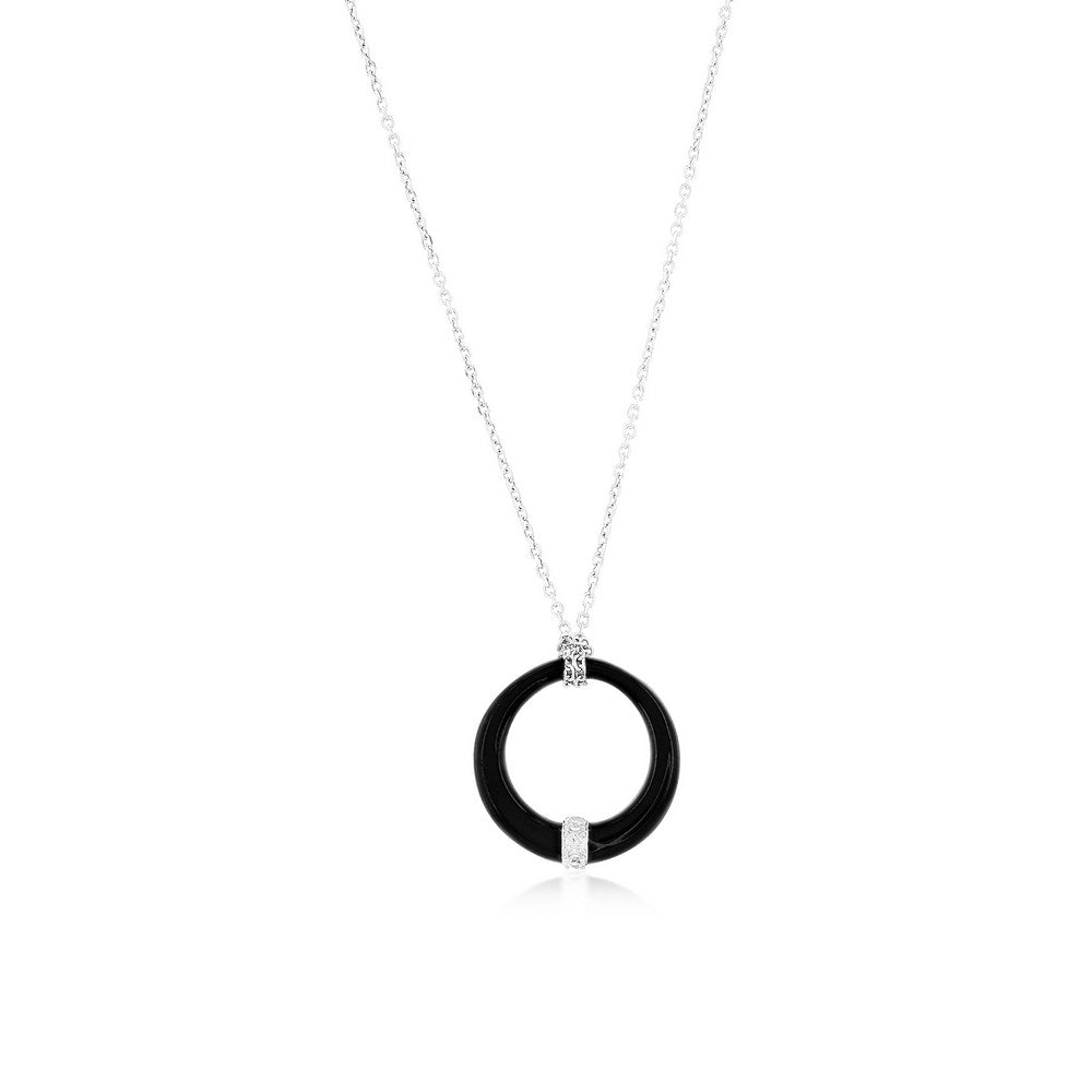 Sterling Silver Round Black Enamel Pendant w/Chain
