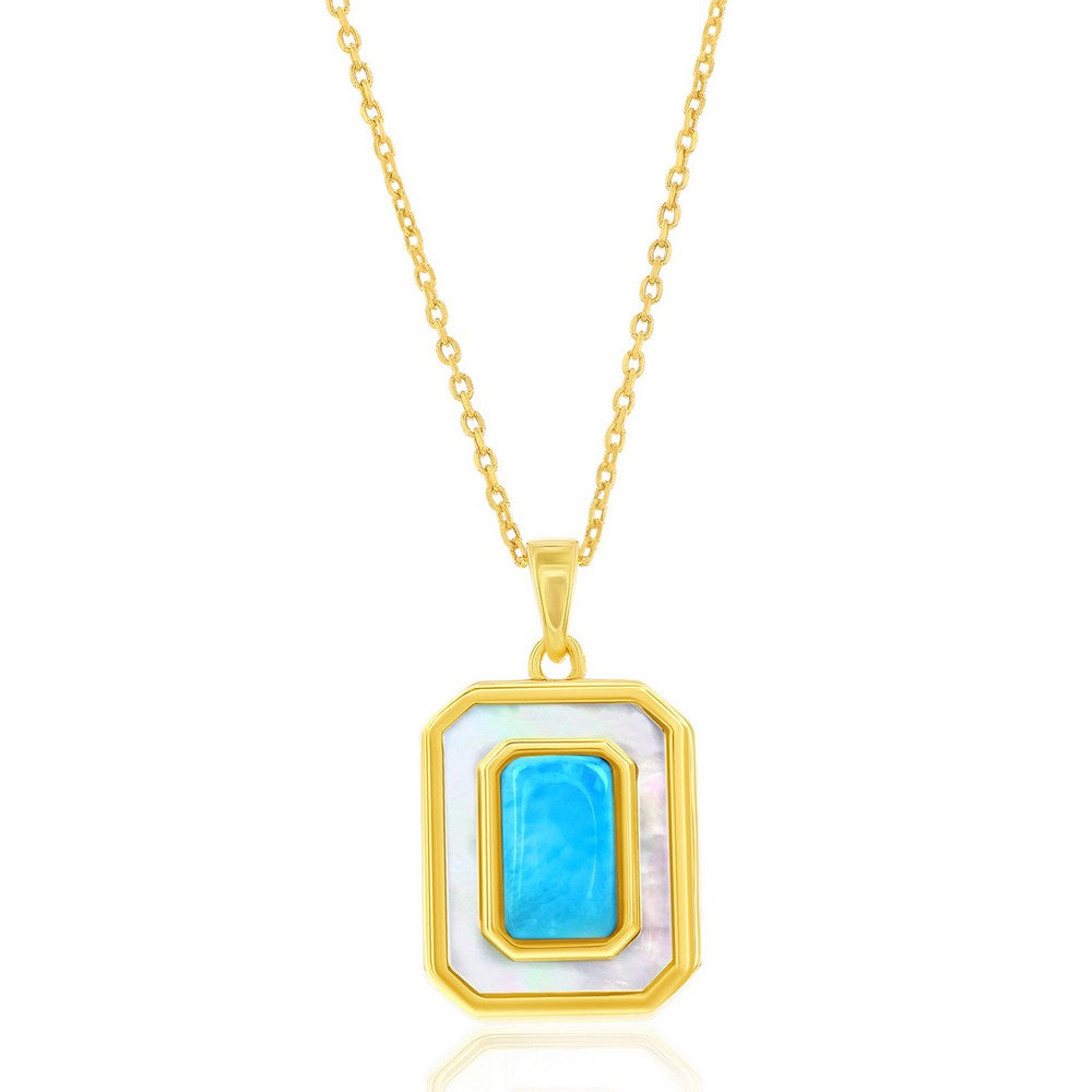 Sterling Silver, Larimar & Mother of Pearl Rectangle Pendant - Gold Plated