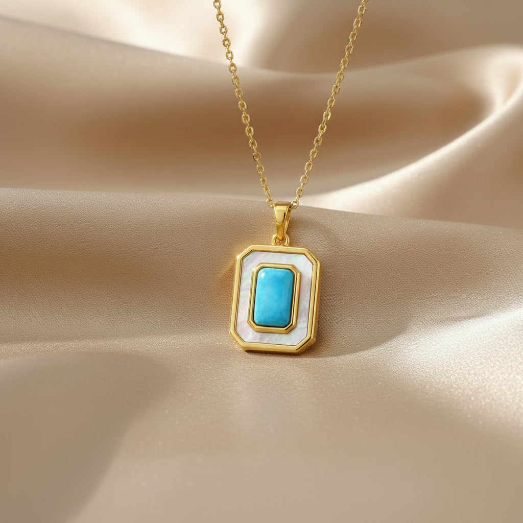 Sterling Silver, Larimar & Mother of Pearl Rectangle Pendant - Gold Plated
