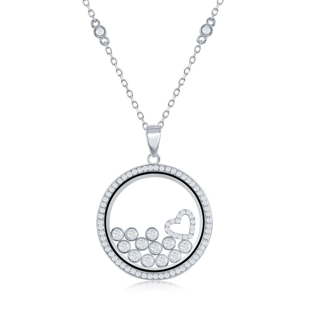 Sterling Silver CZ By the Yard w/ Floating Heart & Round CZ's in a Disc Necklace