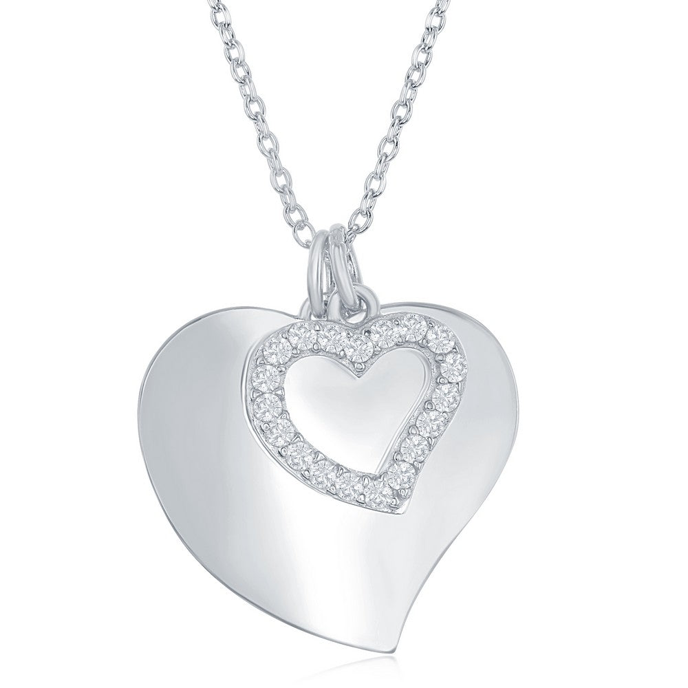 Sterling Silver Polished Heart with Open Simulated Diamond Heart Necklace
