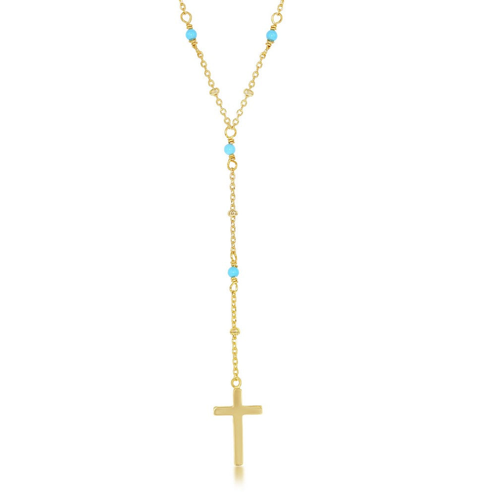 Sterling Silver Turquoise & Plain Beads by the Yard Cross Necklace - Gold Plated