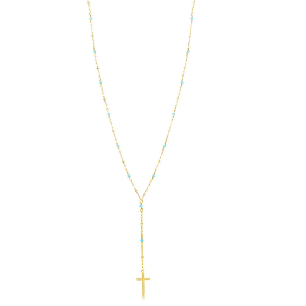 Sterling Silver Turquoise & Plain Beads by the Yard Cross Necklace - Gold Plated
