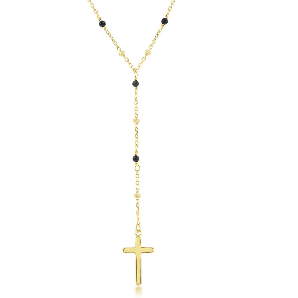 Sterling Silver Onyx & Plain Beads by the Yard Cross Rosary Necklace - Gold Plated