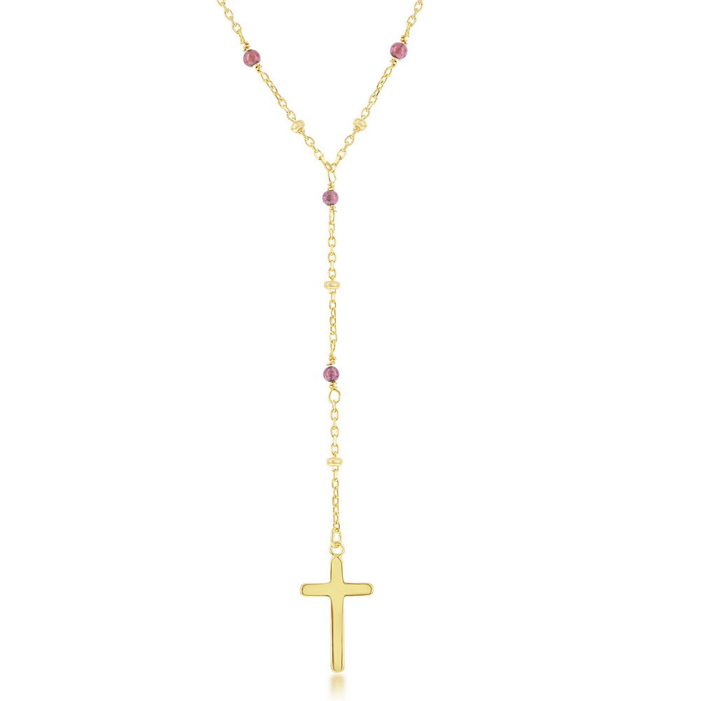 Sterling Silver Garnet & Plain Beads by the Yard Cross Rosary Necklace - Gold Plated