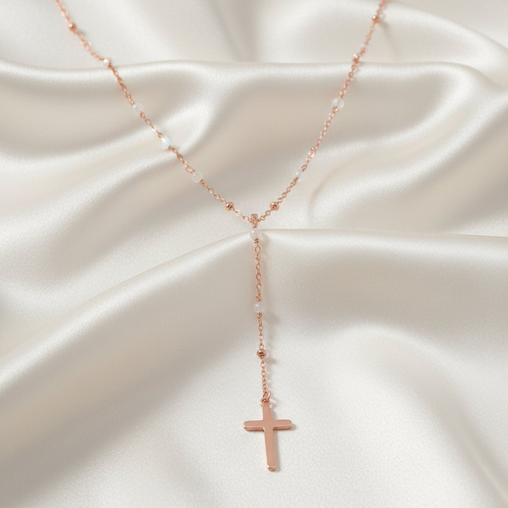 Sterling Silver Rose Quartz & Plain Beads by the Yard Cross Rosary Necklace - Rose Gold Plated