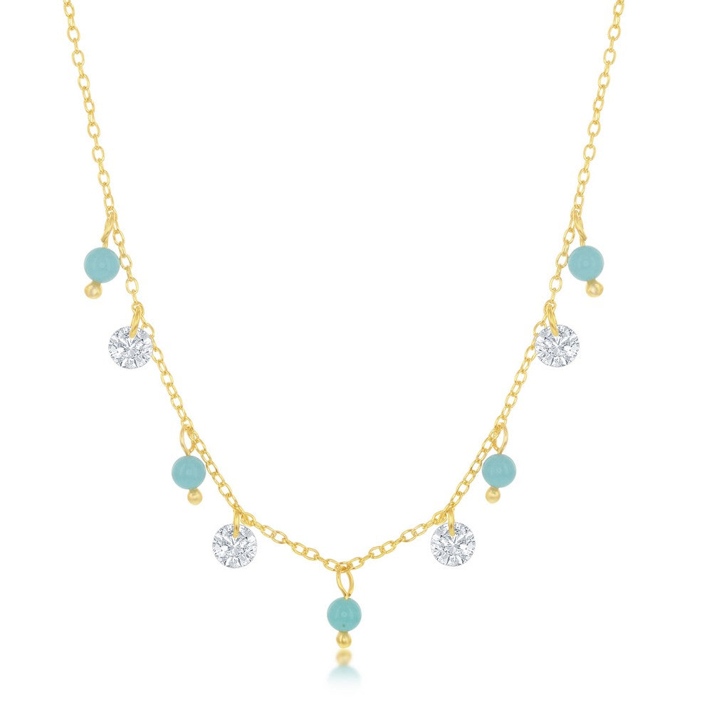 Sterling Silver Alternating Created Turquoise and Simulated Diamond Necklace - Gold Plated