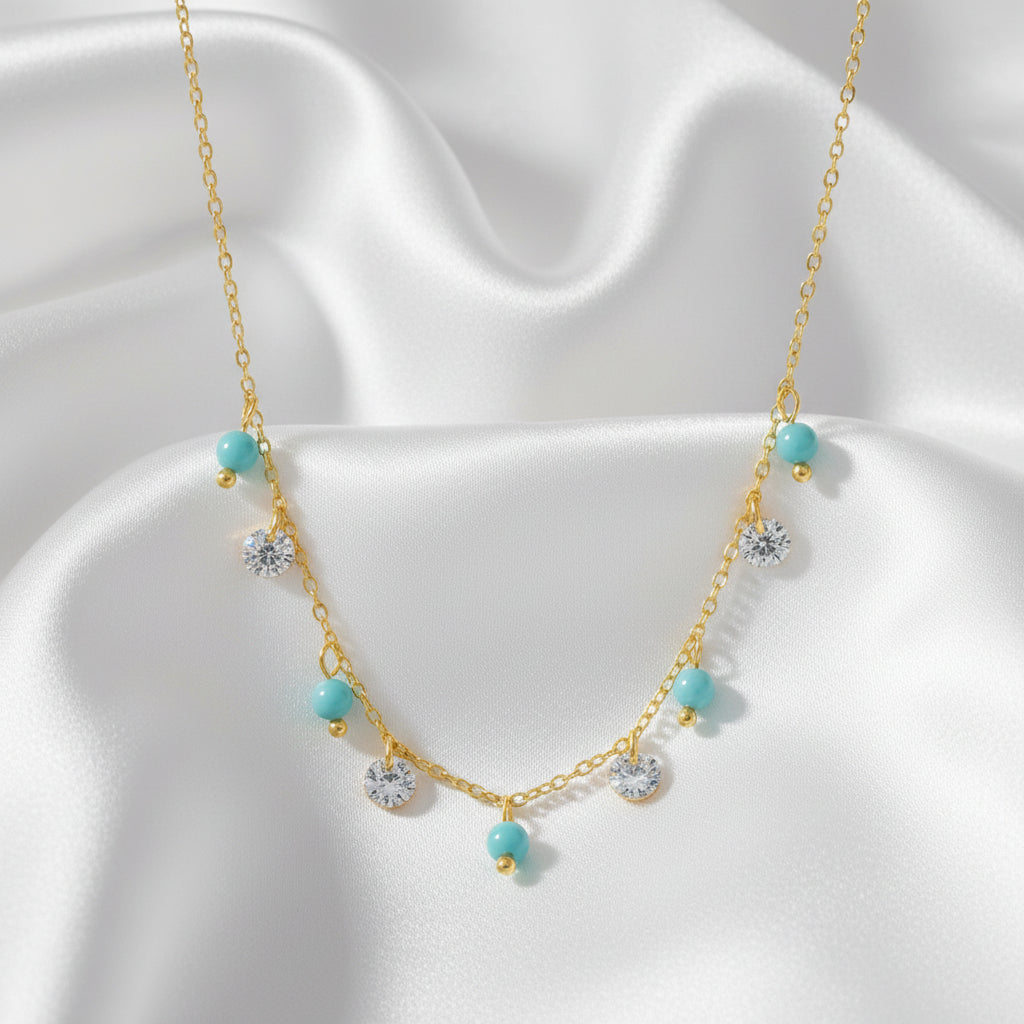 Sterling Silver Alternating Created Turquoise and Simulated Diamond Necklace - Gold Plated