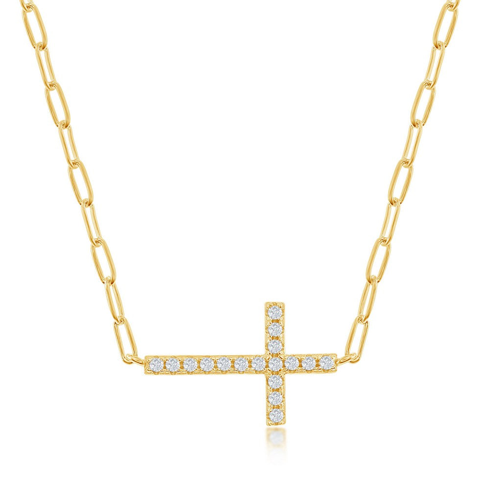 Sterling Silver Reversible CZ Sideways Cross Paperclip Necklace - Gold Plated