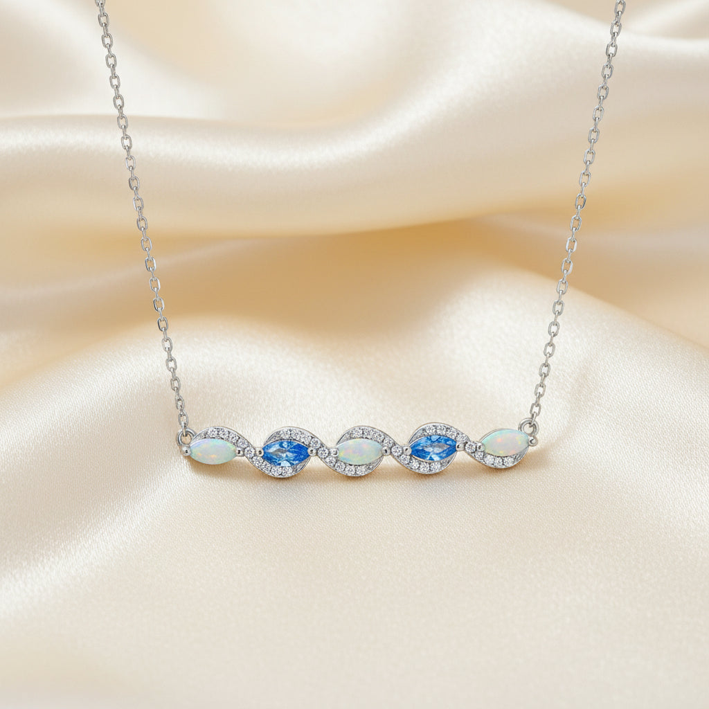 Sterling Silver, Marquise White Opal & Simulated Aquamarine Bar Necklace