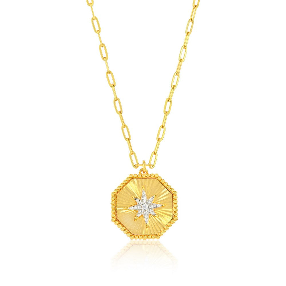 Sterling Silver, Center North Star Simulated Diamond Octagon Necklace - Gold Plated