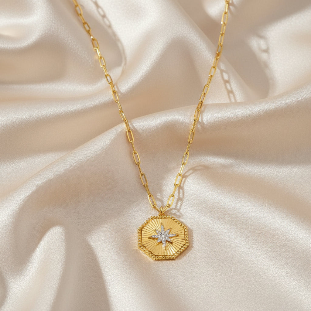 Sterling Silver, Center North Star Simulated Diamond Octagon Necklace - Gold Plated