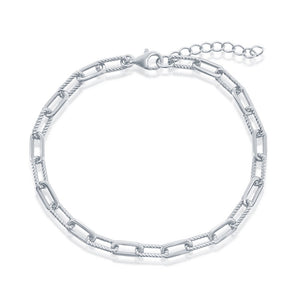 Sterling Silver Polished & Rope Design Paperclip Bracelet