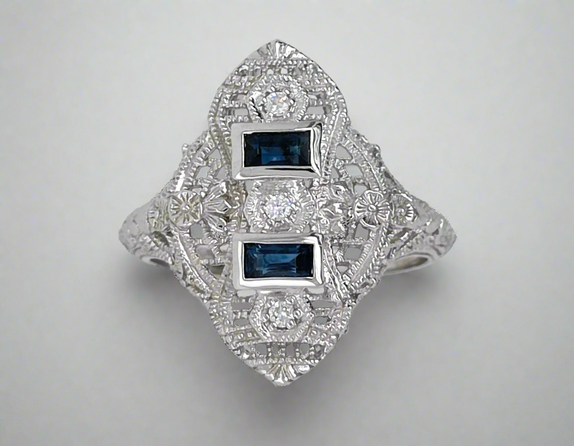 14k Natural Blue Sapphire and Diamond Filagree Ring