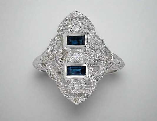 14k Natural Blue Sapphire and Diamond Filagree Ring