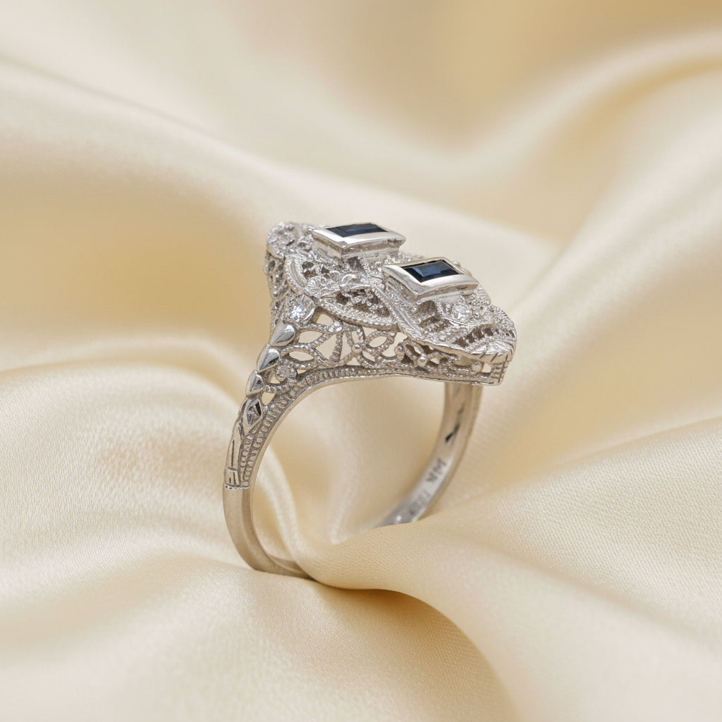 14k Natural Blue Sapphire and Diamond Filagree Ring