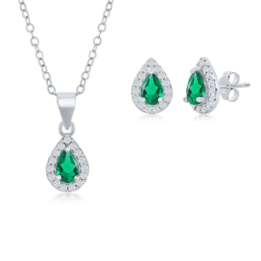 Sterling Silver Emerald Pear-Shaped Necklace & Earrings Set