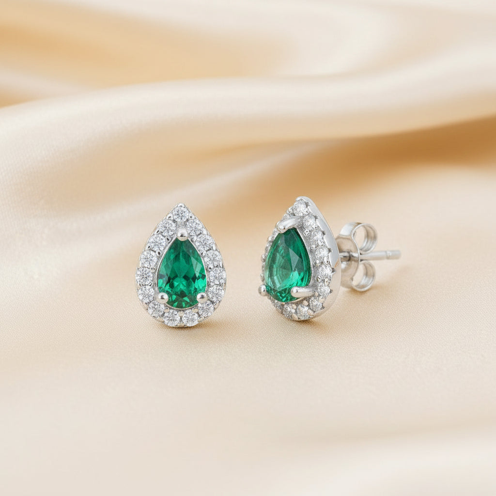 Sterling Silver Emerald Pear-Shaped Necklace & Earrings Set