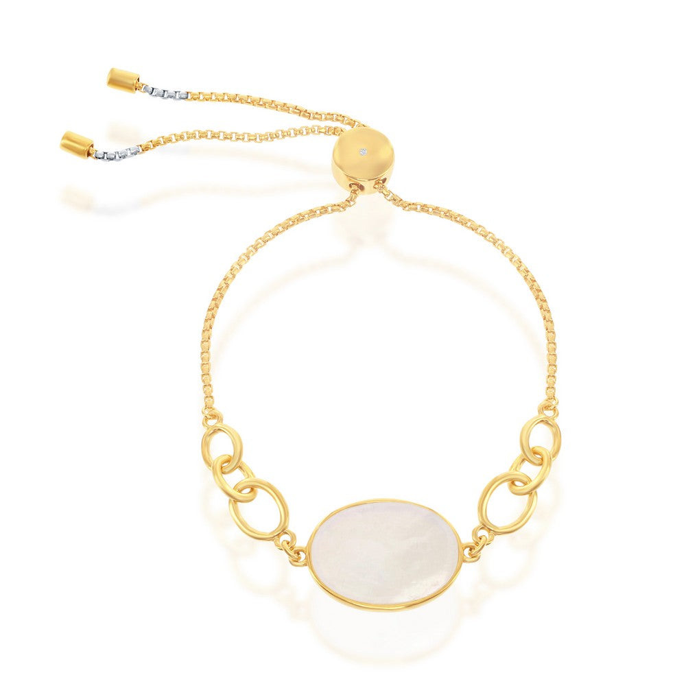 Sterling Silver Oval Mother of Pearl Adjustable Bolo Bracelet - Gold Plated