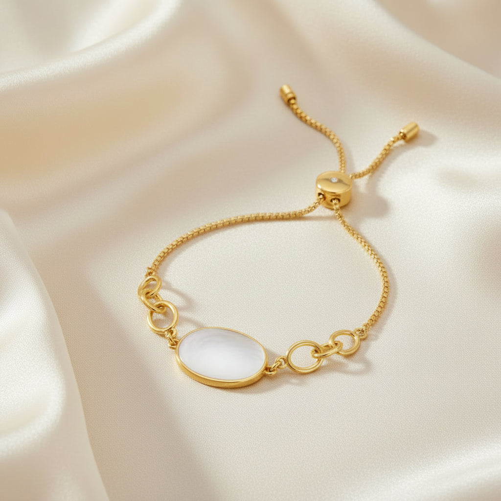 Sterling Silver Oval Mother of Pearl Adjustable Bolo Bracelet - Gold Plated