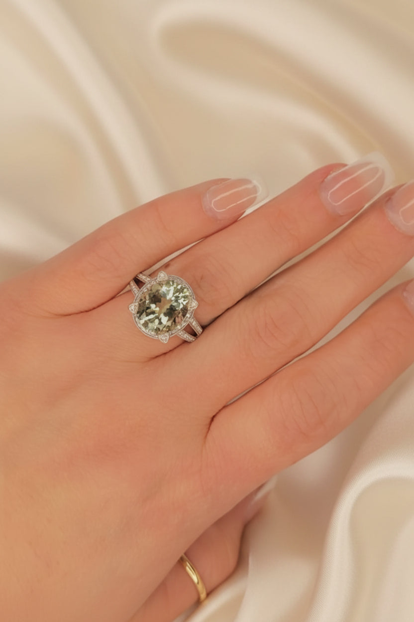 Estate Green Amethyst and Diamond Ring