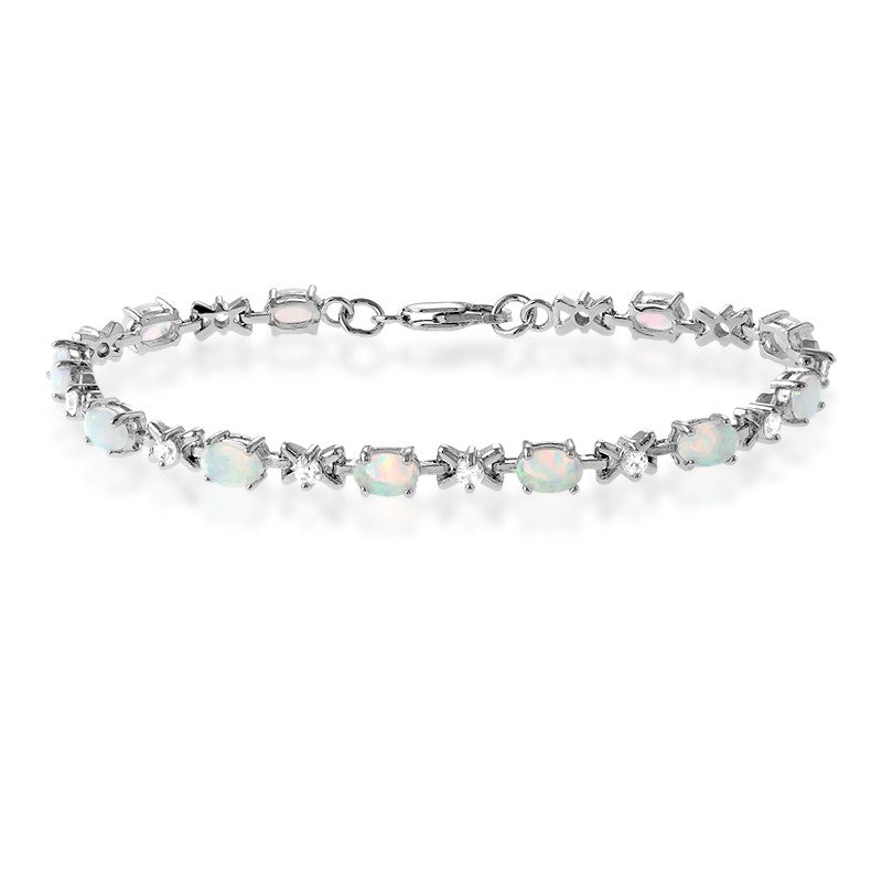 Sterling Silver "X" With Simulated Diamond & Oval White Opal Stones Bracelet