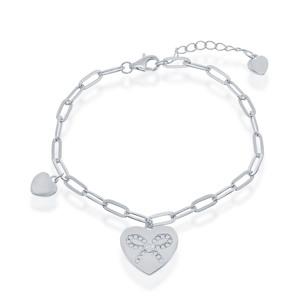 Sterling Silver Heart with Simulated Diamond Ribbon charm on Paperclip Bracelet