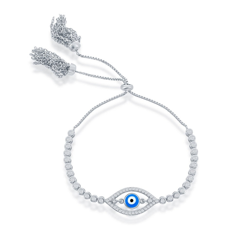 Sterling Silver Evil Eye Bezel-Set Simulated Diamond Adjustable Bolo Bracelet