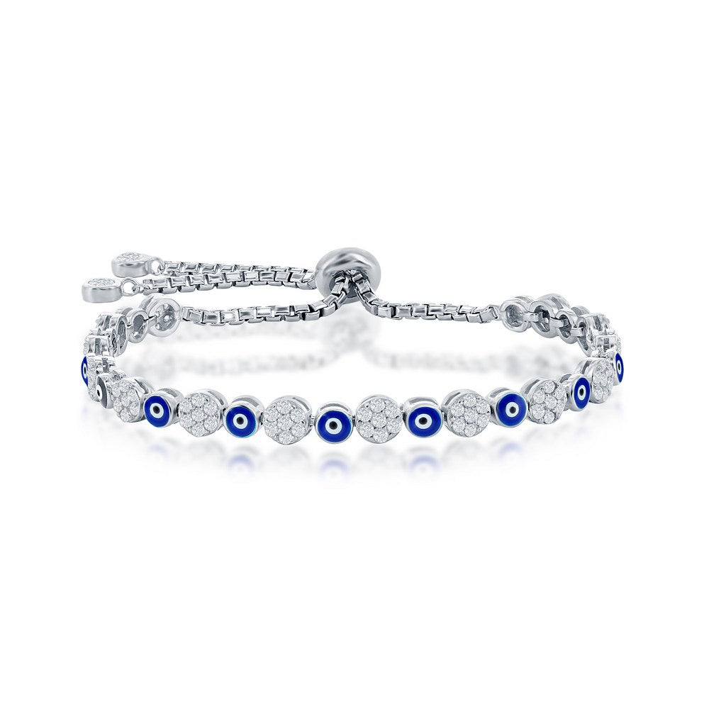 Sterling Silver Alternating Simulated Diamond & Navy Enamel Evil Eye Adjustable Bolo Bracelet
