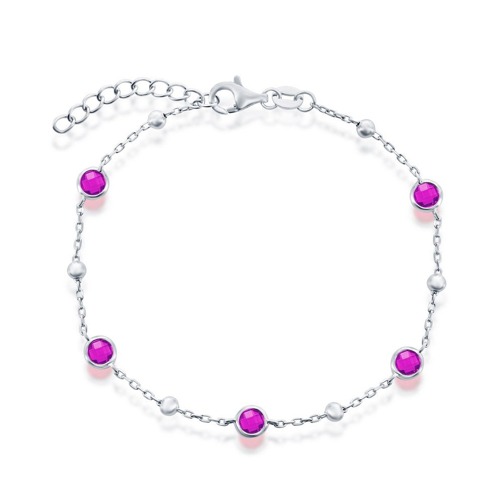 Sterling Silver, Bezel-Set Simulated Ruby & Bead Bracelet