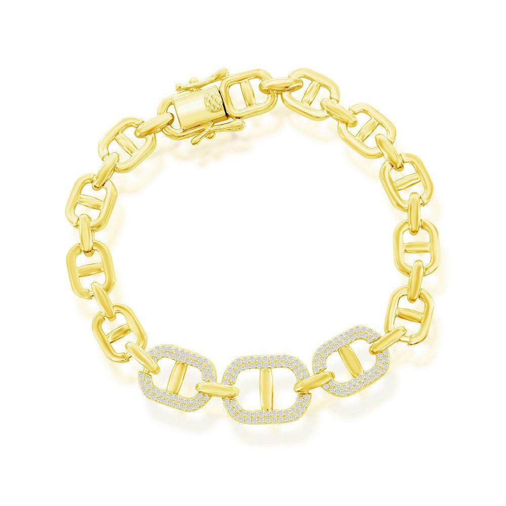 Sterling Silver, Micro Pave Simulated Diamond Linked Bracelet - Gold Plated
